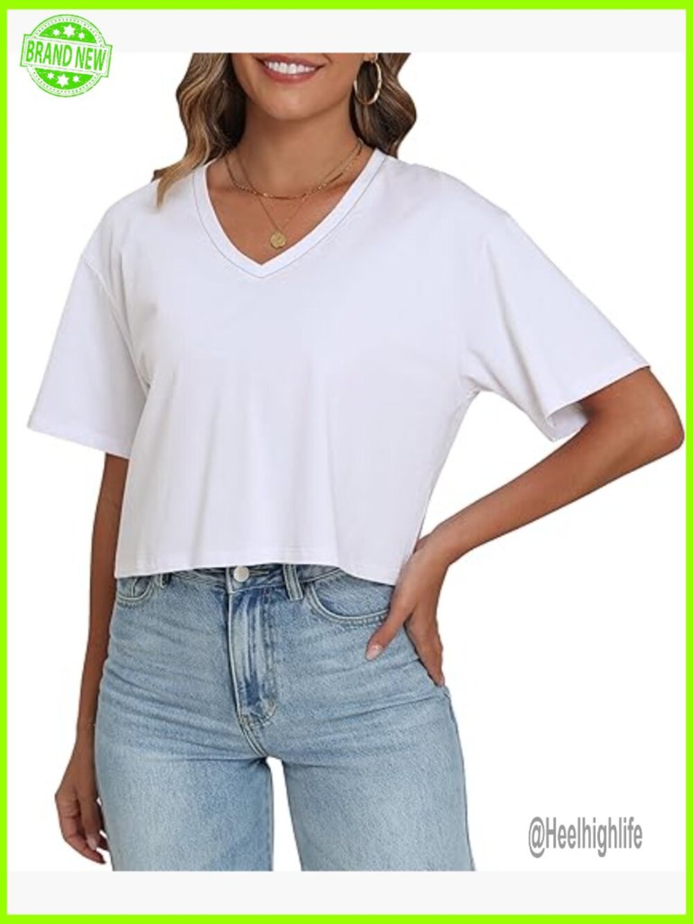 Oversized V-Neck Crop Top, Loose Fit Short Sleeve Tee, Cotton Spandex
